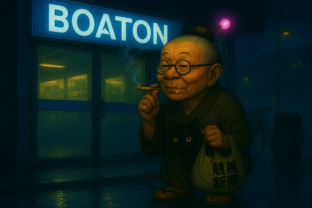 雨の夜、ボートレース帰りのおばばが「BOATON」コンビニ前でタバコを吸っている。競艇新聞の袋から黒猫が顔を出している昭和的光景。