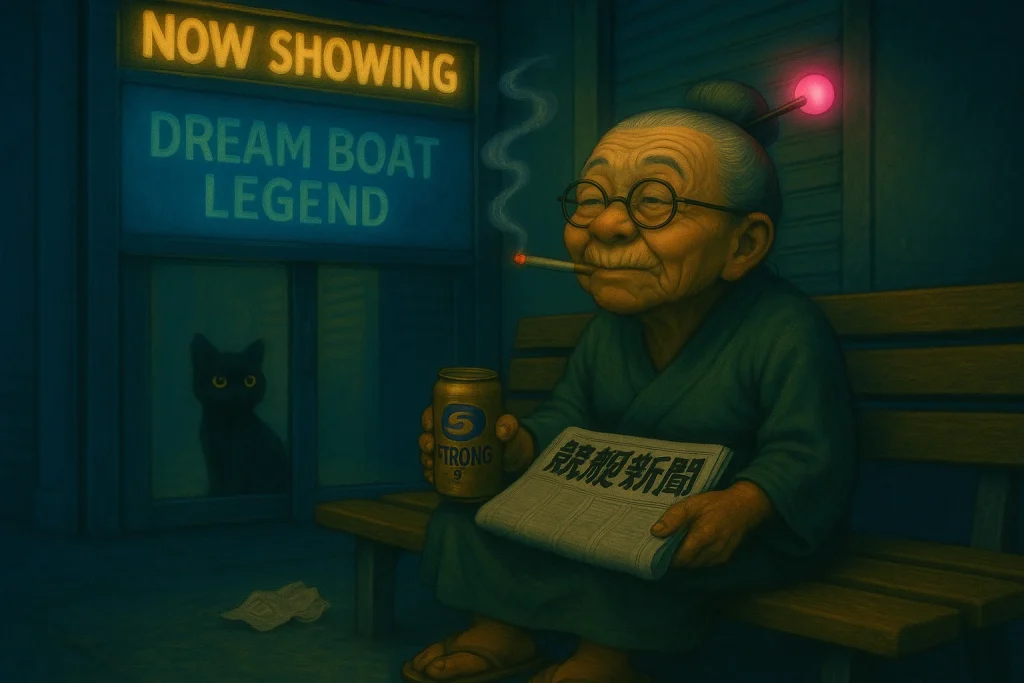 夜の映画館前のベンチに座るおばばが、上映後の静けさの中、タバコをくゆらせながら遠くを見つめている。光るピンクのかんざしを挿した髪、おだやかな笑み、手にはSTRONG缶と「競艇新聞」。映画館の扉の向こうには、大きな黄色い目をした黒猫がこちらを見つめており、背景のネオン看板には「NOW SHOWING／DREAM BOAT LEGEND」の文字が浮かび、レイトショーの余韻と哀愁を演出している。