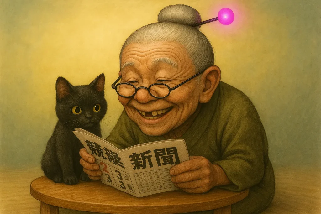 飼い猫とともに朝から競艇新聞を読みながら予想にふけるおばば。