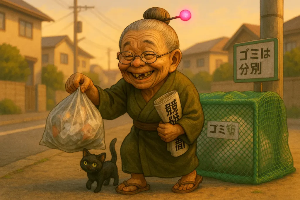 飼い猫と一緒に朝のゴミ出しにきたおばば。手にはしっかりと競艇新聞を抱えている。