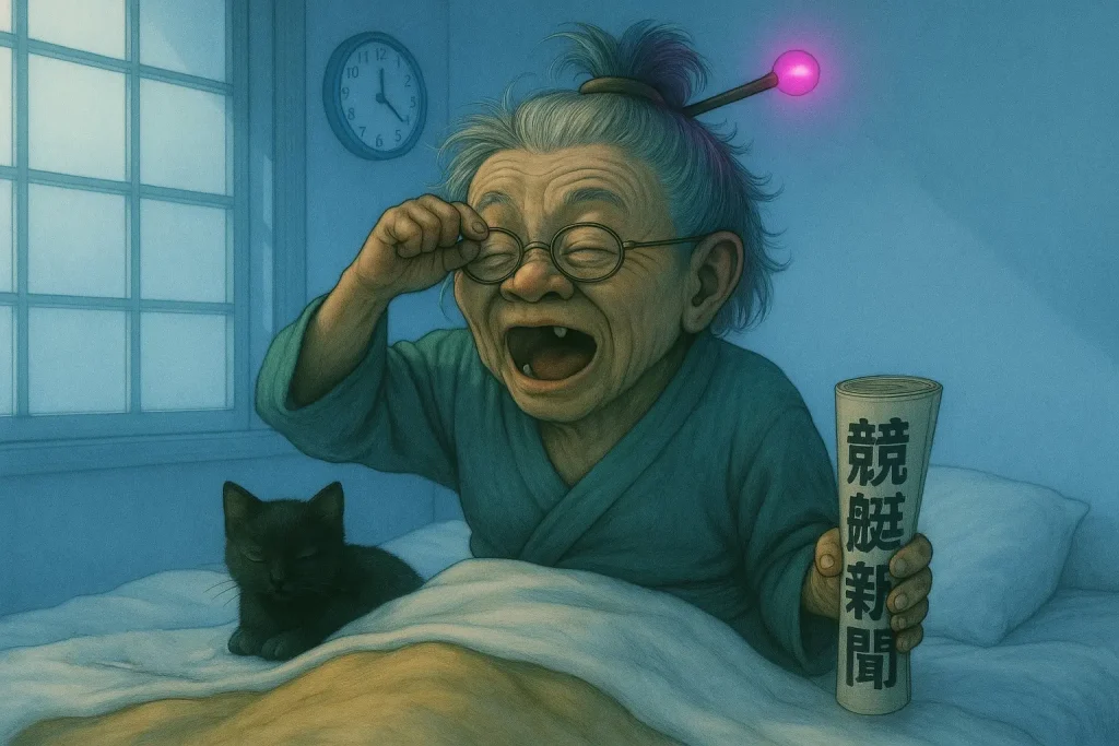 朝4時に起床したおばば。寝起きながらもしっかりと競艇新聞を握りしめている。飼い猫はまだ眠っている