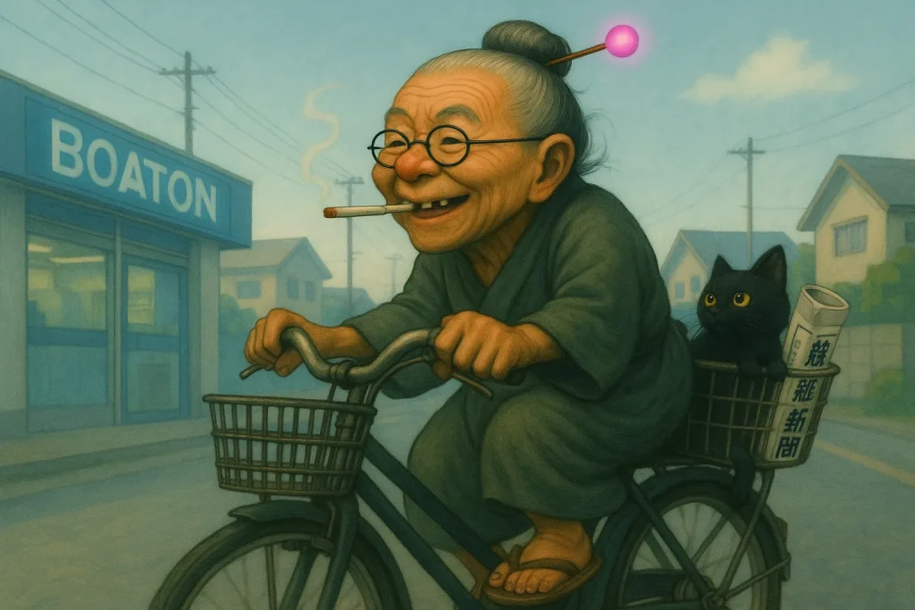 朝の住宅街を自転車で走るおばば。くわえたばこをくゆらせながら真剣な表情で前方を見据え、後ろのカゴには黒猫と競艇新聞が乗っている。遠くにはおばば馴染みのコンビニ「BOATON」の看板が見える。