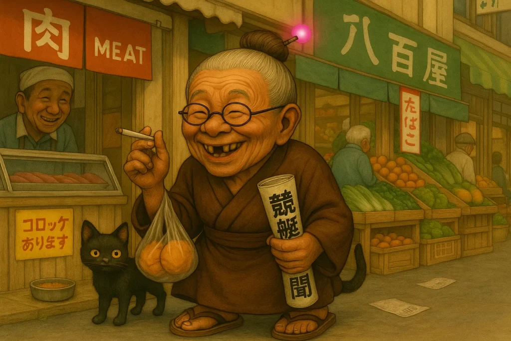 飼い猫とともに近所の商店街にやってきたおばば。右手にはタバコ、左手には競艇新聞を持ち、右腕には購入したコロッケをぶらさげている。