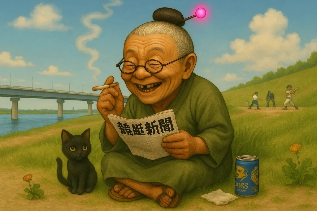 よく晴れた昼下がりに飼い猫とともに河川敷にやってきたおばば。タバコをふなしながら競艇新聞を読む。背後には草野球をする少年たちがいる