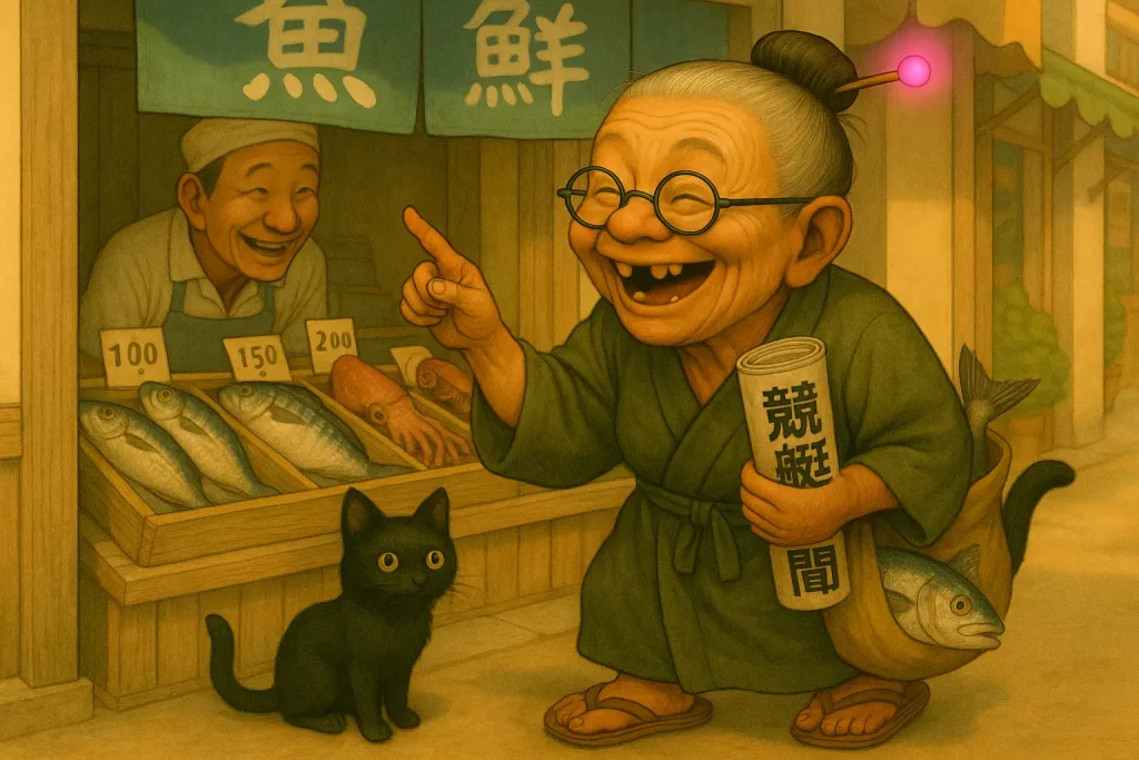昼下がりの魚屋で店主と笑顔で会話するおばば。くたびれた和服にピンクの光るかんざしを挿し、上の前歯が2本抜けた笑顔で片手に競艇新聞を持ち、もう片手で魚を指差している。足元には黄色い目をした黒い子猫がちょこんと座り、魚屋の台を見つめている。軒先には「鮮魚」の暖簾が揺れ、明るい日差しが商店街に差し込んでいる。