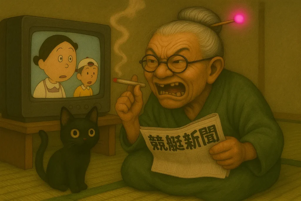 畳敷きの日本の居間にて、おばばが激怒しながらテレビを見ている。おばばは和装をしており、わらじ風の履物、光るピンクのかんざし、上の前歯が2本抜けた口元でタバコをくわえ、黒猫がそばに寄り添っている。テレビ画面には、アニメ風に描かれた磯野フネと磯野カツオが映っており、2人とも驚いた表情をしている。画面全体は手描き風で、セピア調の温かみのある色調。画角は16:9で、室内の柔らかな明かりが雰囲気を強調している。