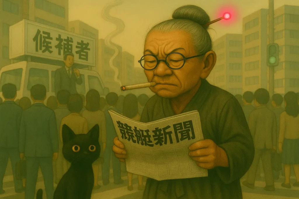 選挙演説が行われている街角の風景。中央には、くたびれた和服を着た高齢の女性（おばば）が立ち、真剣な表情で「競艇新聞」を読みふけっている。おばばの上の前歯は2本抜けており、口にはタバコをくわえている。背中の買い物かごには、丸くてかわいらしい黒猫が乗っていて、おばばのそばに寄り添っている。 背景では、候補者が選挙カーの上からマイクを手に演説しており、たくさんの聴衆が集まっているが、おばばは周囲の喧騒にまったく関心を示さず、競艇新聞に集中している。画風は温かみのあるアナログ調で、全体が柔らかな色調で統一された16:9比の構図。