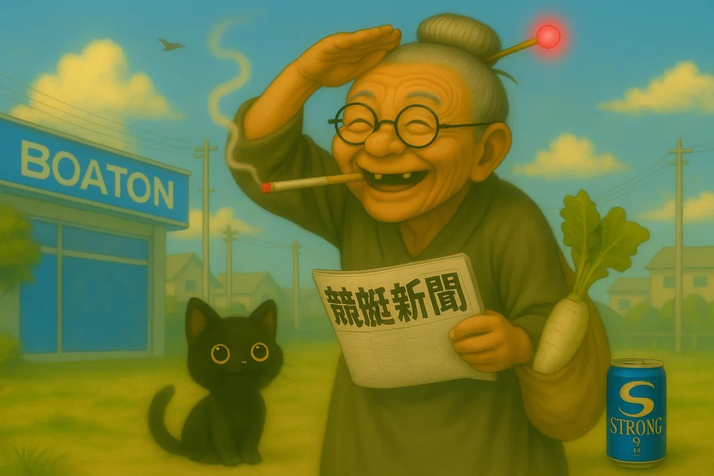 青空の下、笑顔でタバコをくわえたおばばが片手で額に手をかざしながら、もう一方の手で「競艇新聞」と書かれた新聞を掲げて立っている。肩掛けバッグには大根が突き刺さっており、そばには大きな目をした可愛らしい黒猫が座っている。背景には「BOATON」と書かれた水色のコンビニがある。空には鳥が小さく飛び、全体的に懐かしく牧歌的な雰囲気のあるイラストとなっている。