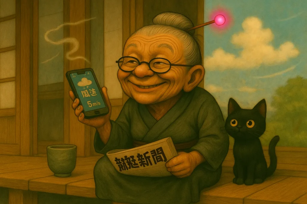 おばばは縁側に座り、くたびれた濃緑の着物を身にまといながら不敵な笑みを浮かべている。髪はきっちりとお団子に結ばれ、光るピンクのかんざしが刺さっている。鼻の下にずらした小さな丸眼鏡をかけ、右手には風速「5m/s」と表示されたスマートフォンを掲げている。左手には「競艇新聞」とはっきり記された新聞を握っており、足元には湯呑みが置かれている。おばばの隣には、丸い黄色い目をした小さな黒猫が座り、空をじっと見上げている。背景には青空と白い雲、そして緑の木々が広がり、穏やかな朝の光に包まれている。