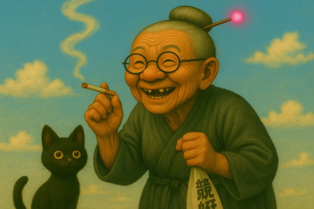 画像には、明るい青空のもと、緑豊かな田舎道を笑顔で自転車に乗るおばばが描かれている。おばばはくたびれた地味な和服姿で、頭には光るピンクのかんざしを挿し、丸い老眼鏡を鼻の下の方にかけている。上の前歯が2本抜けた笑顔を浮かべ、タバコを咥えながらハンドルをしっかり握っている。自転車の後ろカゴには、可愛らしくデフォルメされた黒猫が乗っており、「競艇新聞」と書かれた新聞も一緒に置かれている。背景には「BOATON」という競艇場風の建物が見え、全体がやさしい光に包まれた16:9の構図で、絵本のような温かい雰囲気が漂っている。
