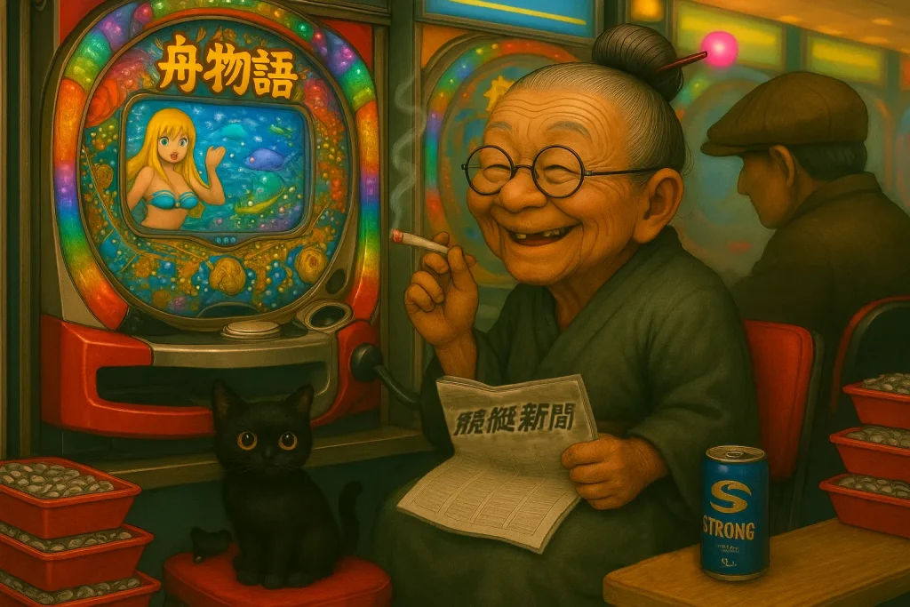 パチンコ店の一角で、「CR舟物語」の台に向き合い、真剣な表情で右手にハンドルを握るおばばが描かれている。おばばはくたびれた和服にわらじ風の履物、鼻の下にかけた丸い老眼鏡、そして光るピンクのかんざしを髪に挿している。左手にはタバコ、足元には黄色い目の黒い子猫が寄り添い、近くには「競艇新聞」とストロング缶が置かれている。台の液晶には「舟物語」と明朝体の日本語が表示され、画面には海物語風の演出（マリンちゃん似のキャラ）が描かれている。隣の台にはハンチング帽を深く被った顔の見えない舟券師が座っており、おばばの方が高くドル箱を積んでいる。店内には複数の台が並び、明るくにぎやかなパチンコホールの雰囲気が表現されている。