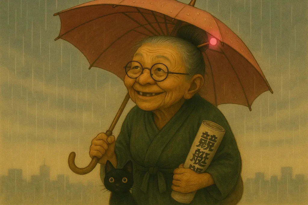 赤い傘を差して雨の中を歩くおばばが、鼻の下にずらした丸眼鏡と光るピンクの玉かんざしをつけ、くたびれた濃色の着物姿で笑顔を見せている。片手には「競艇新聞」を抱え、足元には大きな黄色い目の黒猫が寄り添っている。背景は黄味がかった雨空とビルのシルエットで、全体がレトロな色調に包まれている。