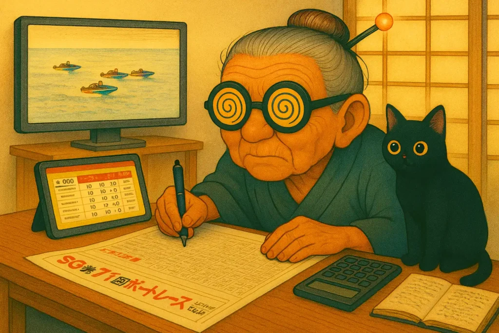 「和室の中、グレーの着物を着た高齢の日本人女性が、木の机に向かって競艇のデータを分析している。彼女は渦巻き模様のメガネをかけ、髪をお団子にまとめ、ピンク色に光るかんざしを挿している。机の上には“SG第71回ボートレース”と書かれた競艇新聞、電卓、タブレット、開いたノートが並び、背景のテレビには競艇のレース映像が映っている。女性の隣には黄色い目をした黒猫が座っており、こちらを見ている。」