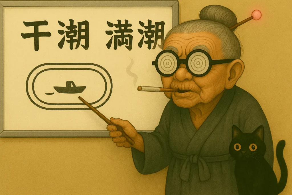 画像には、黄味がかったレトロ調の厚塗り風イラストで、90歳の日本人女性「おばば」がホワイトボードの前に立ち、差し棒でコース図を指しながら解説している様子が描かれている。 おばばは上前歯が2本欠けた口でタバコをくわえ、極太黒丸フレームのがり勉メガネ（白いスパイラル反射付き）をかけ、髪をお団子にまとめて光るピンク玉のかんざしを挿している。くたびれた濃色の着物とわらじ姿。 ホワイトボードはアルミ枠で白く光沢があり、上段に「干潮」「満潮」という太い黒文字（書道風、正しい部首構成）が横並びで配置され、下段中央には楕円のコース図とその内側にボートのミニアイコンが描かれている。 おばばの足元（画面右下）には、大きな黄色い目をした子猫サイズの黒猫が寄り添って座っている。