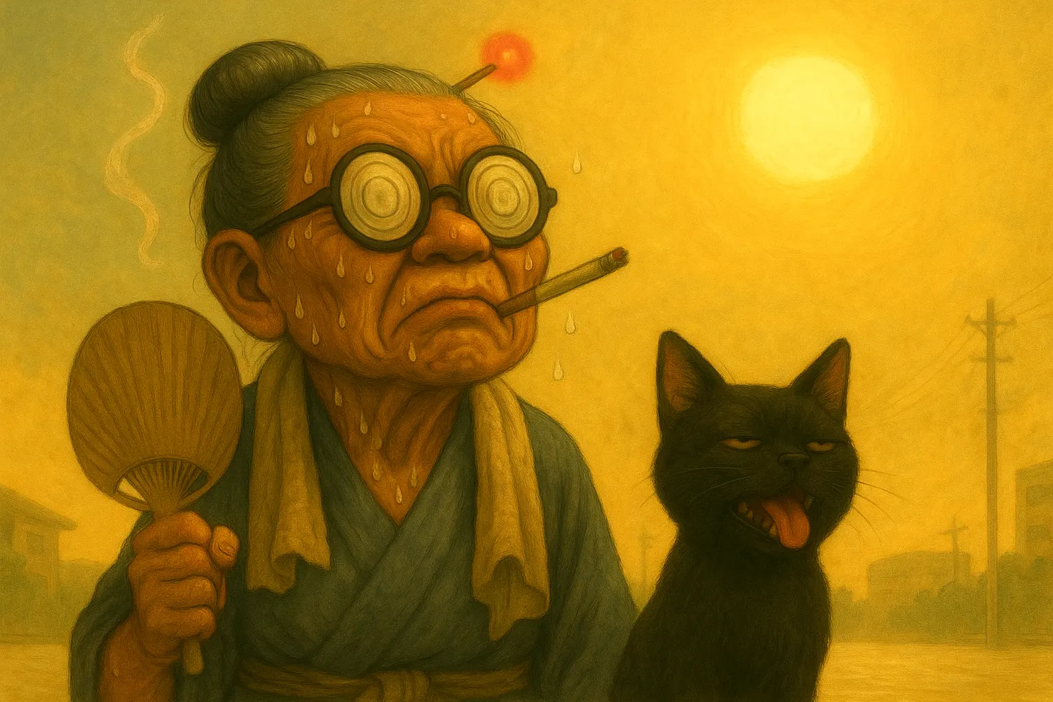 酷暑の中データ分析に励むおばば