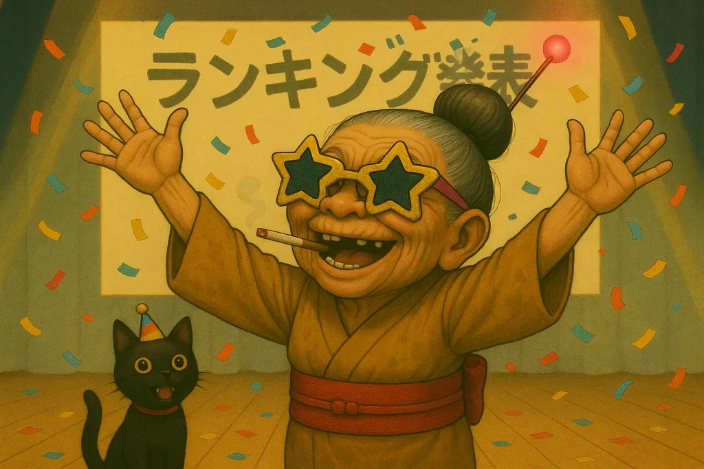 舞台上、黄味がかった厚塗りタッチで描かれたおばばが、ピンク色の発光玉かんざしを挿したお団子頭に、蛍光色の派手な星型サングラスをかけ、口にタバコをくわえながら満面の笑みで両手を高く挙げている。足元には黄色い目の黒猫が紙製のパーティーハットをかぶっておばばを見上げており、背景には大きなスクリーンがあり、中央に太字で「ランキング発表」と日本語が表示され、紙吹雪とスポットライトが舞台を華やかに照らしている。