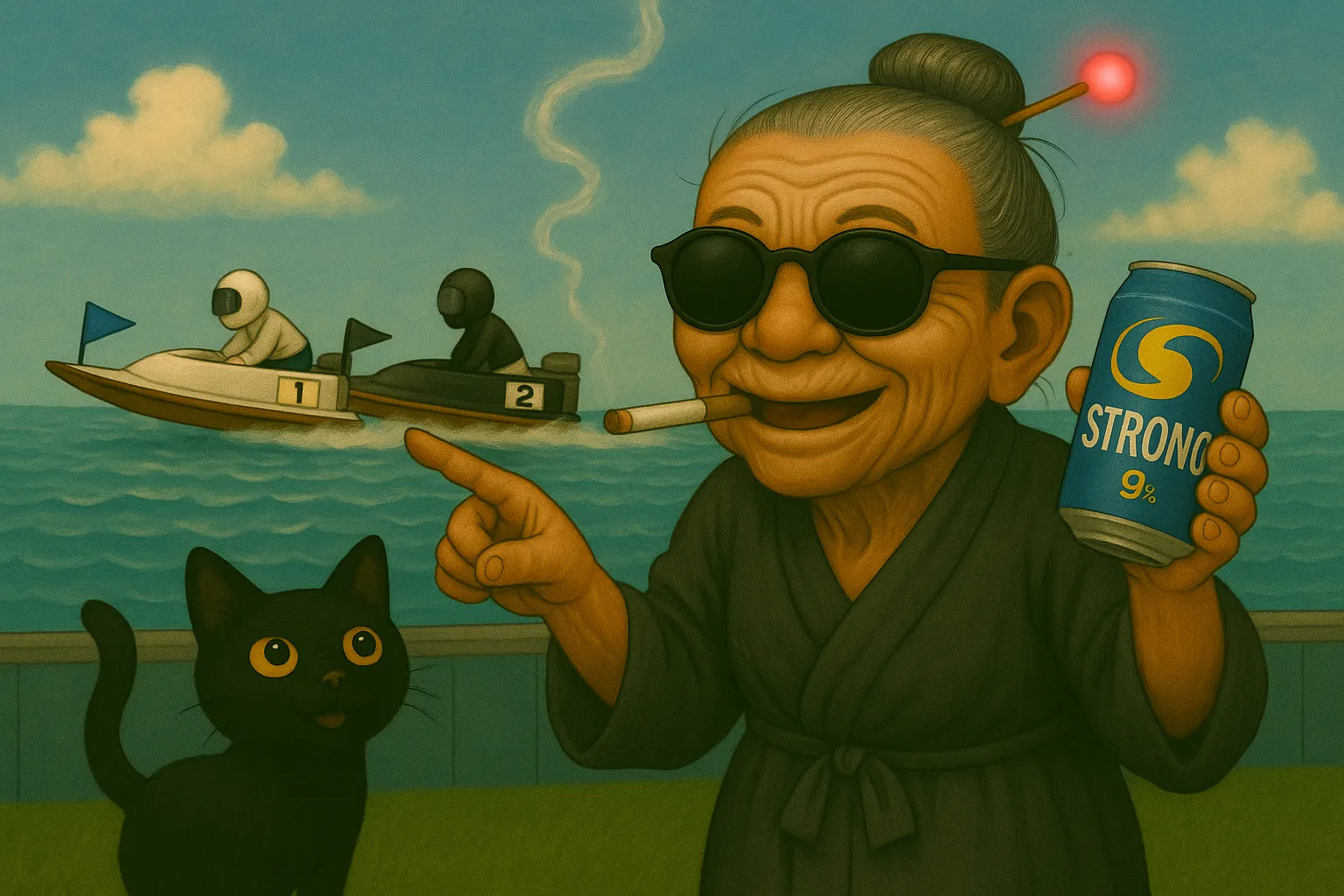 笑みを浮かべながらペアで走るボートを見るおばば