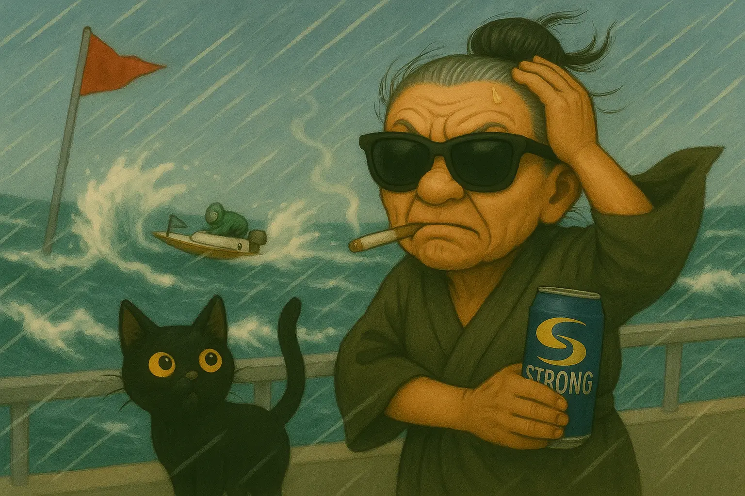 波風が立つレース場で勝負に挑むおばば