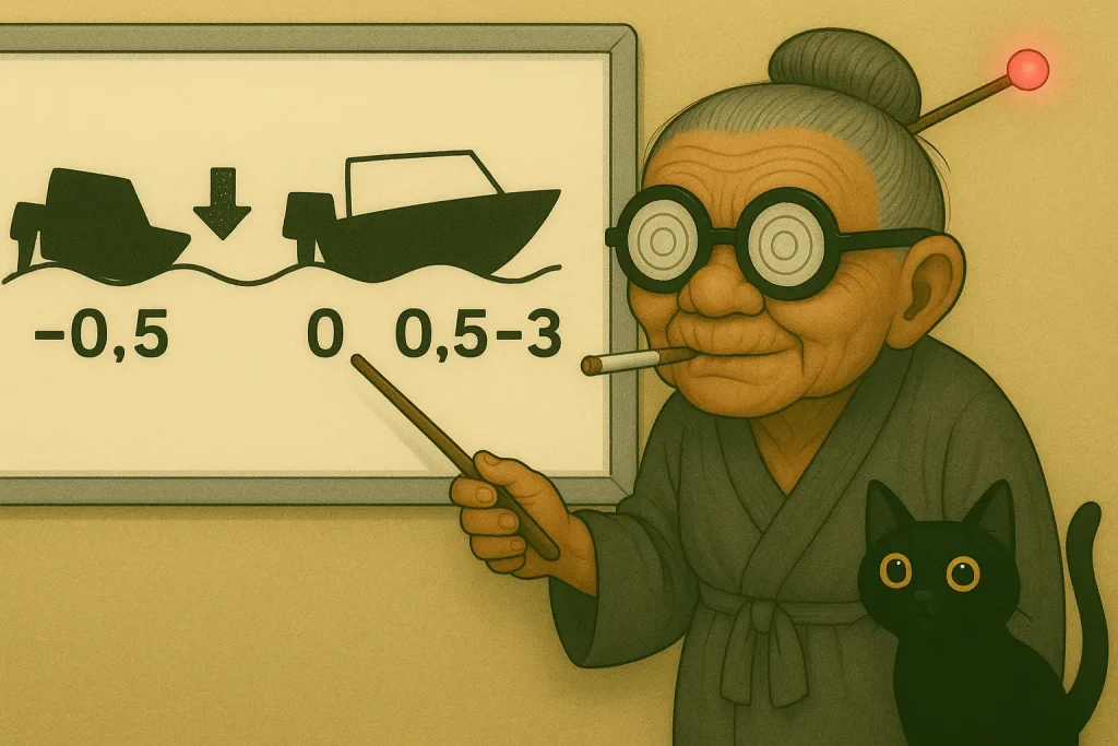 勉三さん風のぐるぐるメガネをかけたおばばが、たばこをくわえながらホワイトボードの前に立っている。片手には差し棒を持ち、ボードに描かれた3種類のボートの傾き（チルト-0.5、チルト0、チルト+0.5〜3）の図を指して解説している。おばばの足元には黒猫が1匹いて、丸い目でホワイトボードを見つめている。背景はベージュ色で、全体が16:9の横長構図になっている。