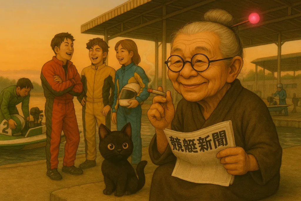 夕暮れの競艇場のピットで、老眼鏡を鼻にずらしてかけたおばばが「競艇新聞」を片手に持ち、もう一方の手でタバコを吸いながら温かく微笑んでいる。髪には光るピンクの玉かんざしを差し、小さな黒い子猫が足元で丸い黄色い目を輝かせて座っている。背景では、若手ボートレーサーたちがヘルメットを手に笑い合い、ボート整備の光景も描かれている